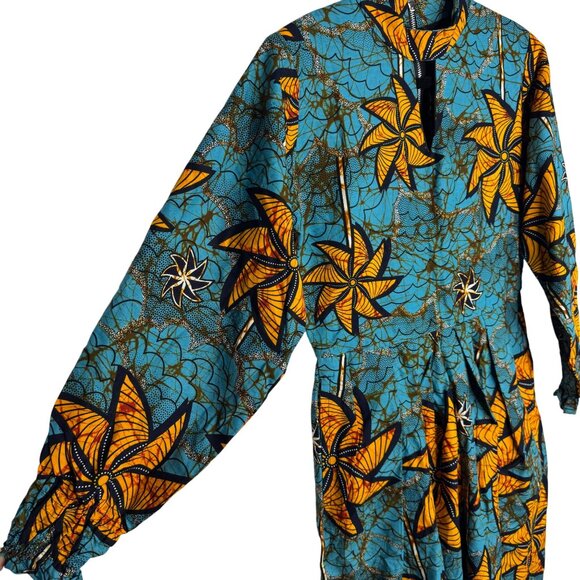 NWT African Print Long Sleeve Blue Orange Jumpsuit Pockets By Ace Kouture Size S - Picture 2 of 9